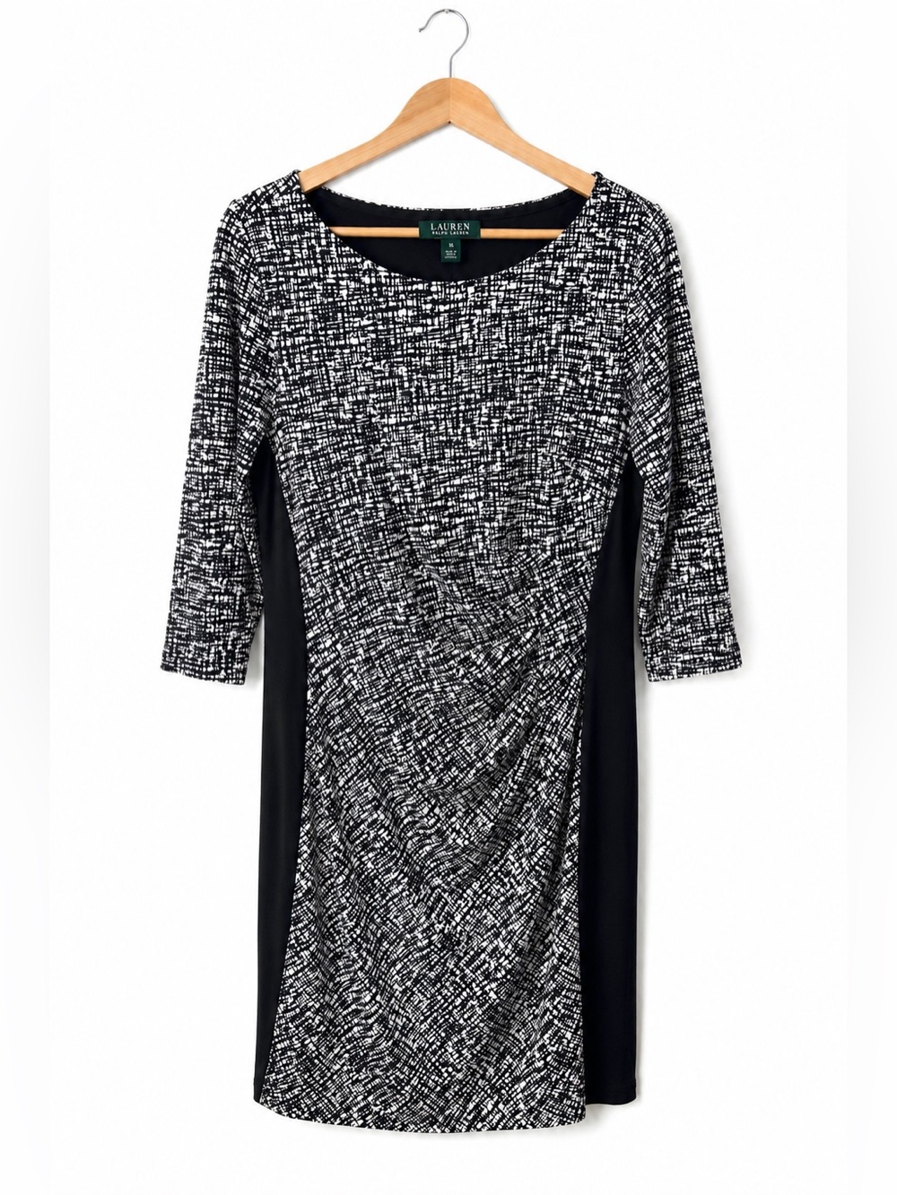 Lauren Ralph Lauren Black White Sheath Dress 16 Career Stretch Boat Neck Midi